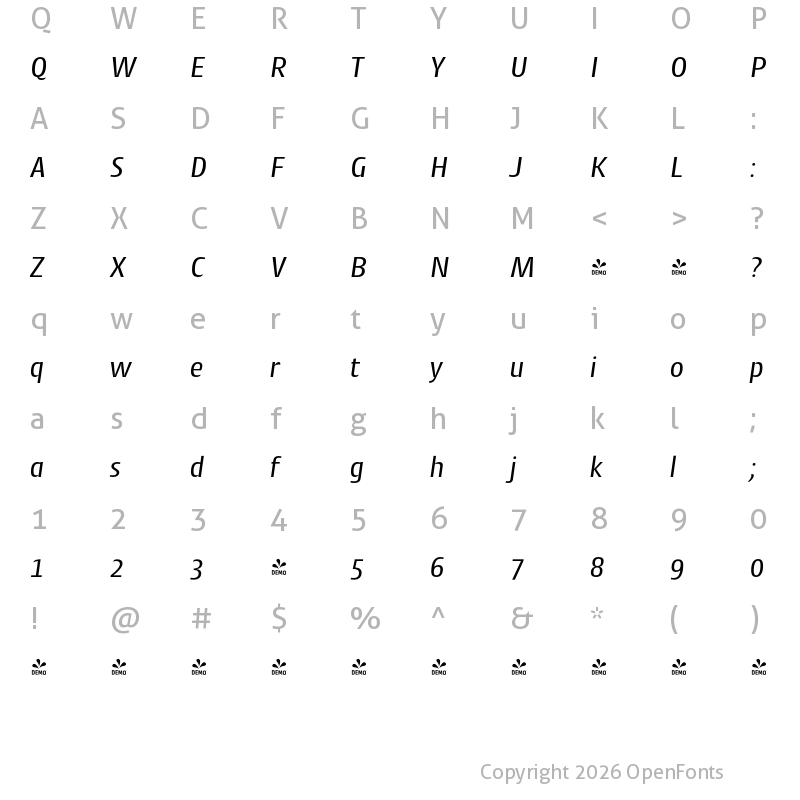 Character Map of FONTSPRING DEMO - Cantiga Italic