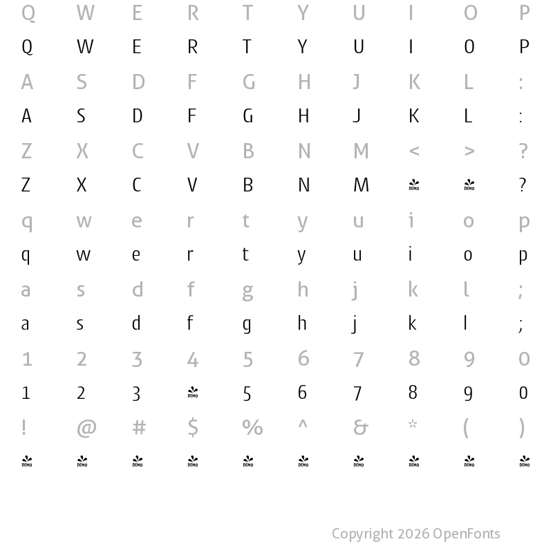 Character Map of FONTSPRING DEMO - Cantiga Light Regular