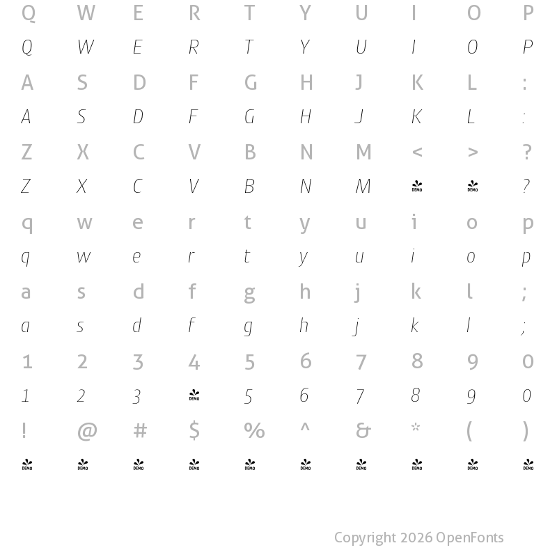 Character Map of FONTSPRING DEMO - Cantiga UltraLight Italic