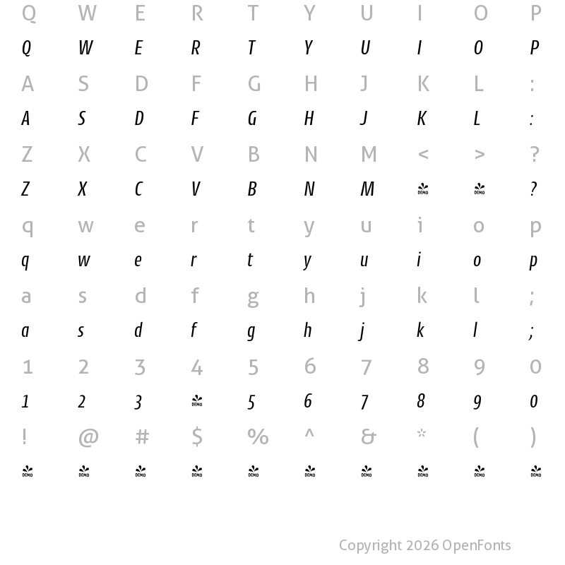 Character Map of FONTSPRING DEMO - CantigaCnd Italic