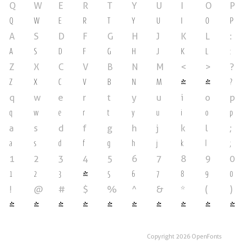Character Map of FONTSPRING DEMO - CantigaCnd UltraLight Regular