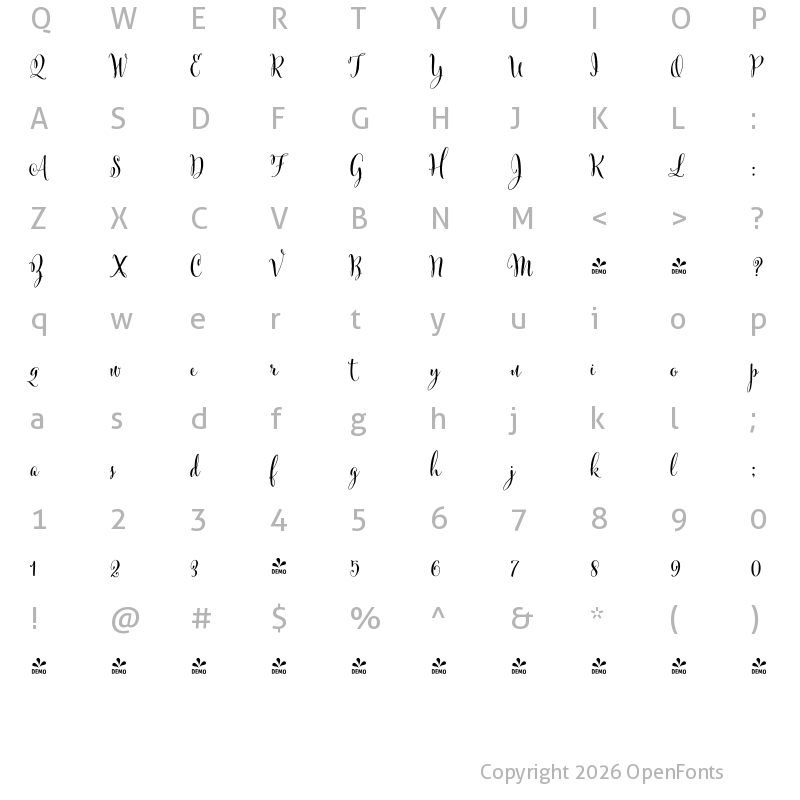 Character Map of FONTSPRING DEMO - Cantoni Basic Bold