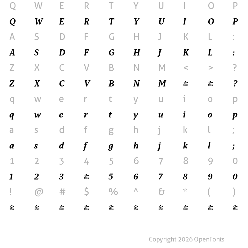 Character Map of FONTSPRING DEMO - Capitolina Bold Italic