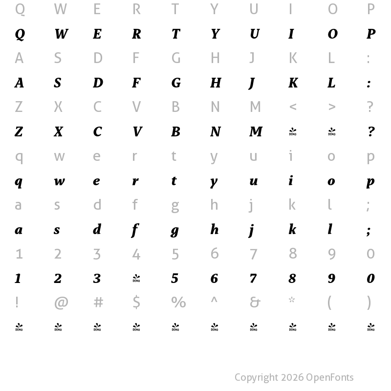 Character Map of FONTSPRING DEMO - Capitolina ExtraBold Italic