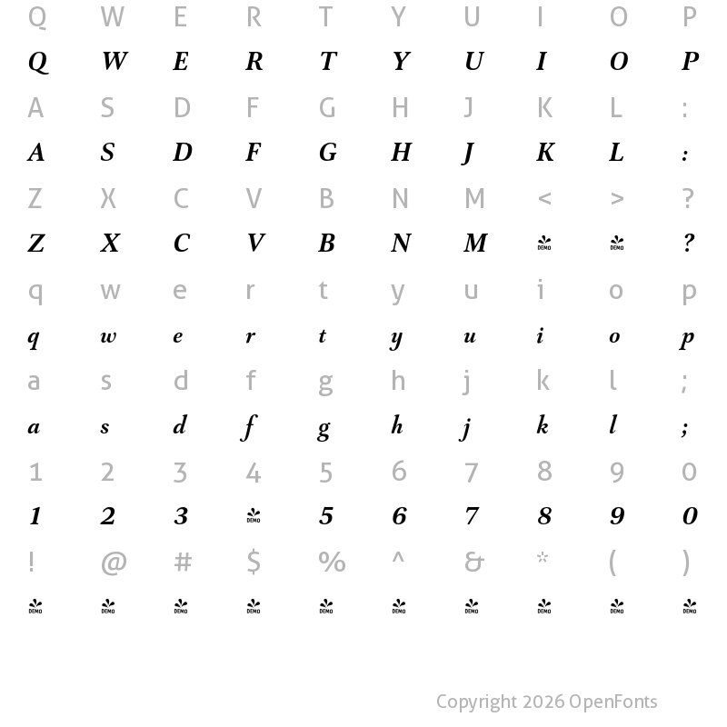Character Map of FONTSPRING DEMO - Capricho , Bold Bold Italic