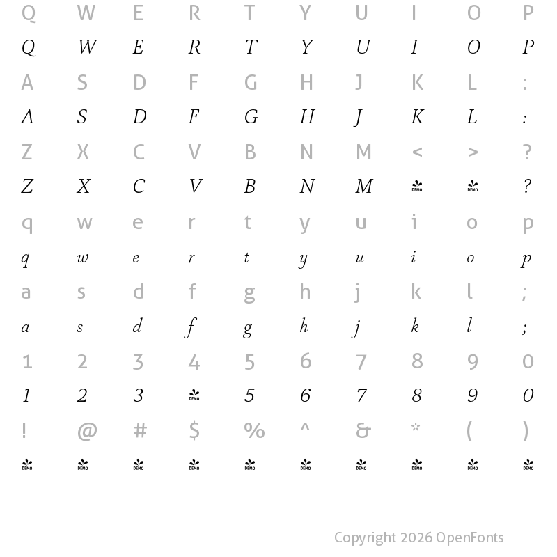 Character Map of FONTSPRING DEMO - Capricho Extralight Italic