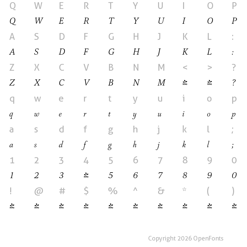 Character Map of FONTSPRING DEMO - Capricho Light Italic