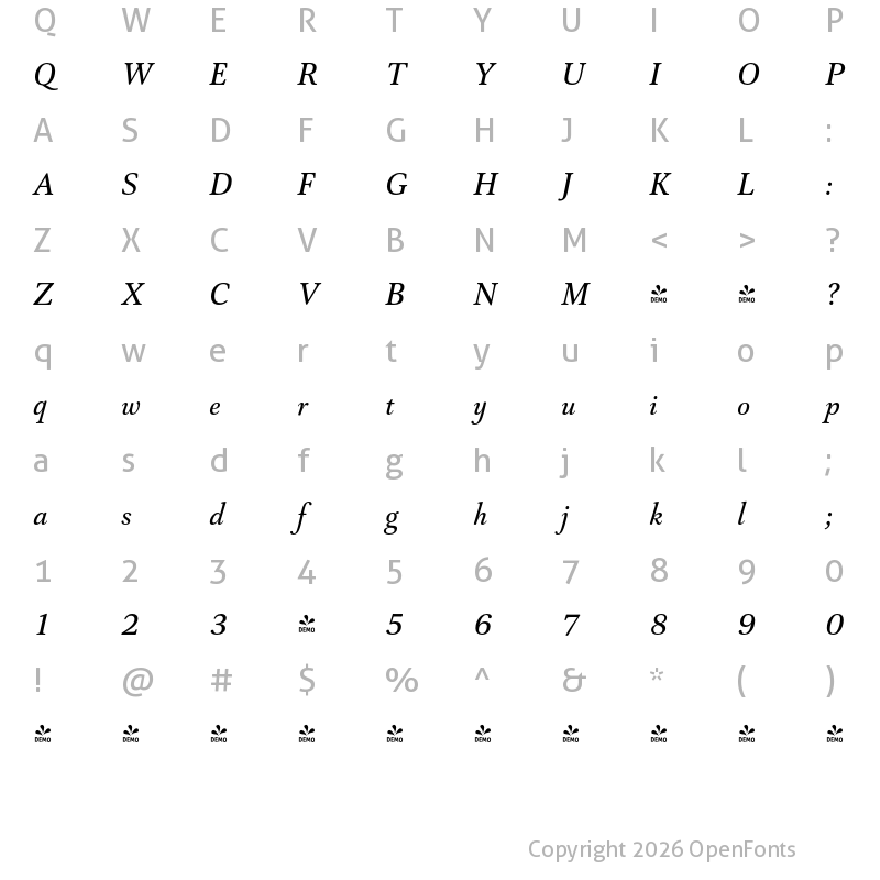 Character Map of FONTSPRING DEMO - Capricho Medium Italic