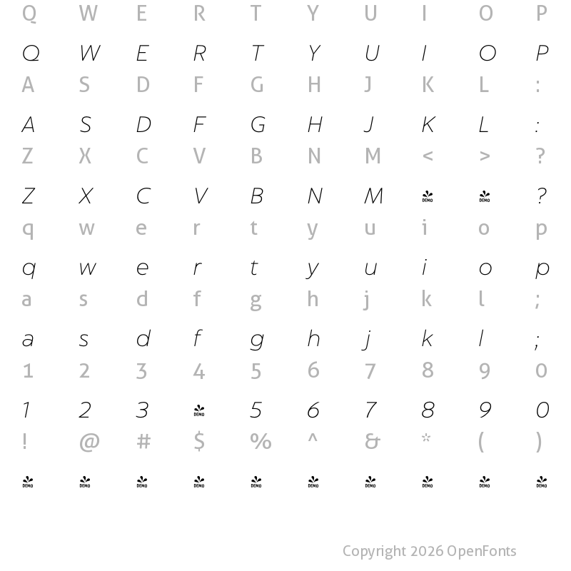 Character Map of FONTSPRING DEMO - Captura Now Thin Italic