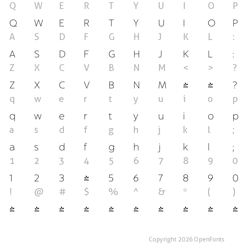 Character Map of FONTSPRING DEMO - Captura Now Thin Regular