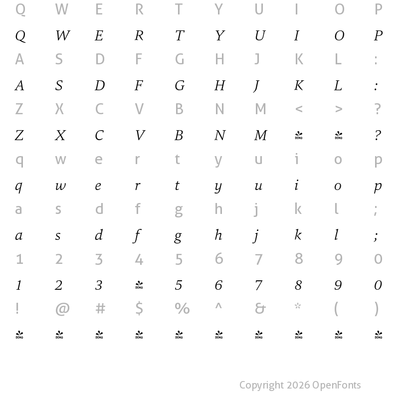 Character Map of FONTSPRING DEMO - Carat Light Italic