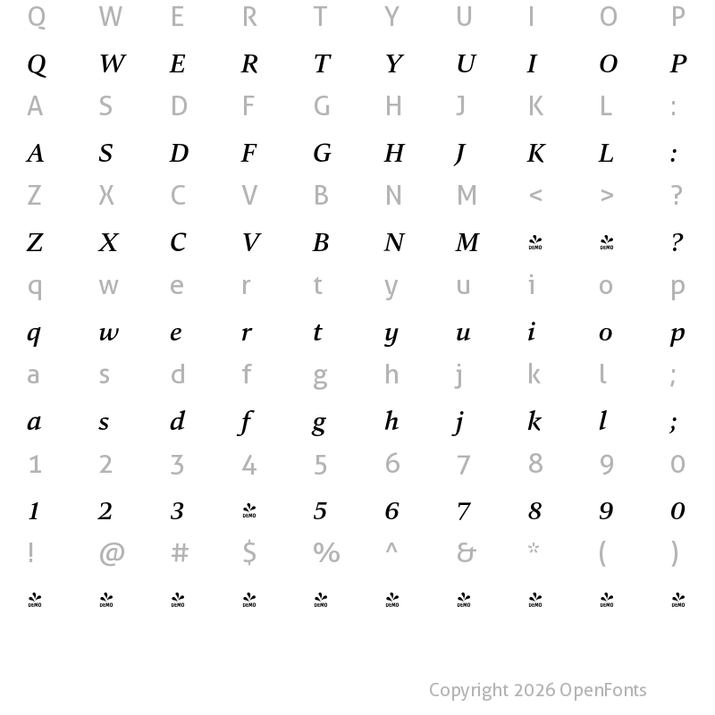 Character Map of FONTSPRING DEMO - Carat Medium Italic