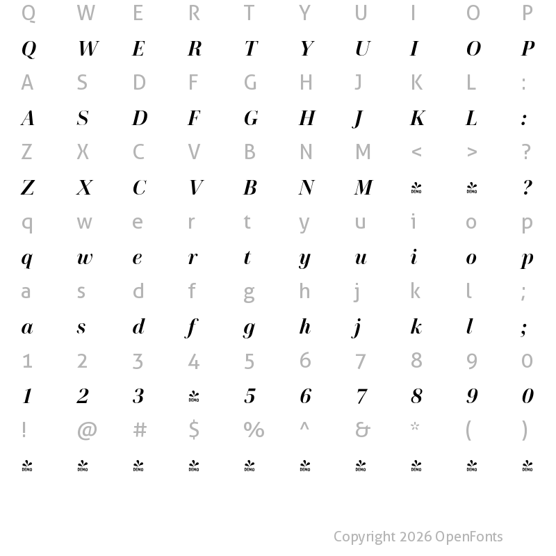 Character Map of FONTSPRING DEMO - Cardillac Italic