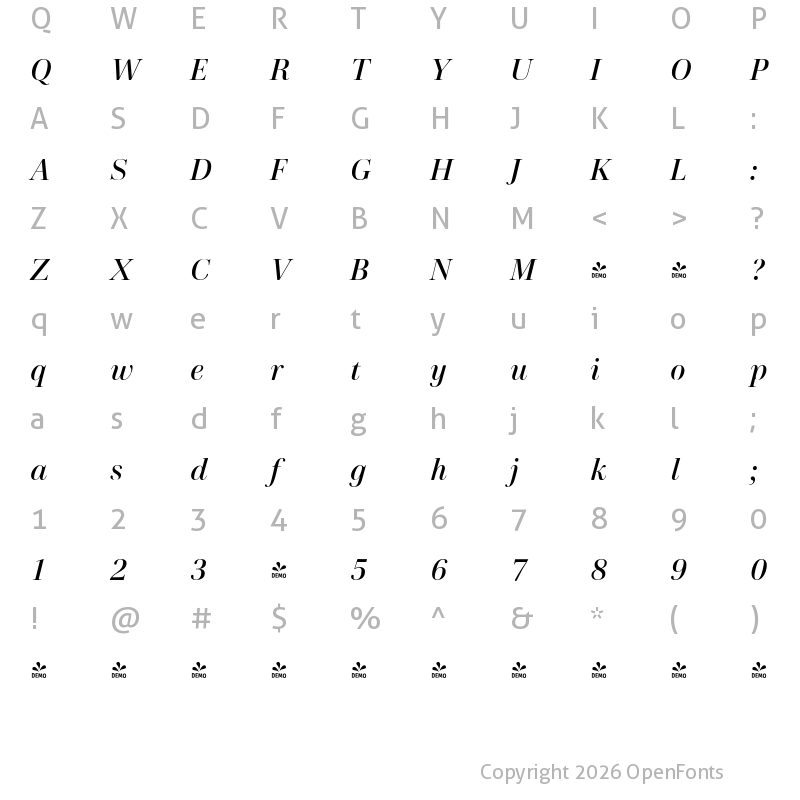 Character Map of FONTSPRING DEMO - Cardillac Medium Italic
