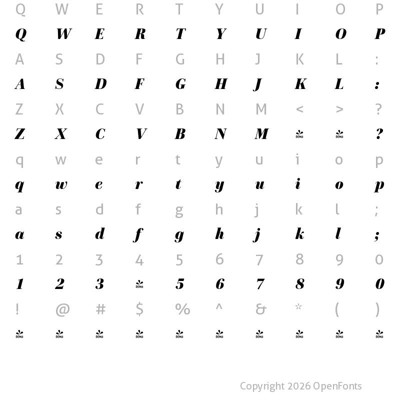 Character Map of FONTSPRING DEMO - Cardillac Text Black Italic