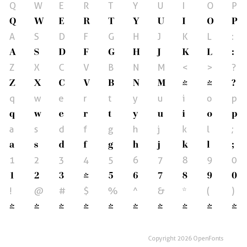 Character Map of FONTSPRING DEMO - Cardillac Text Bold