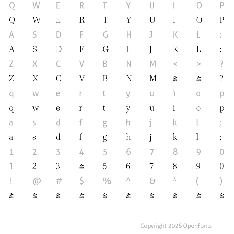Character Map of FONTSPRING DEMO - Cardillac Text Extralight Regular