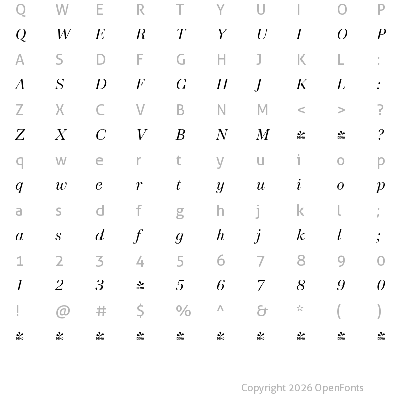 Character Map of FONTSPRING DEMO - Cardillac Text Italic