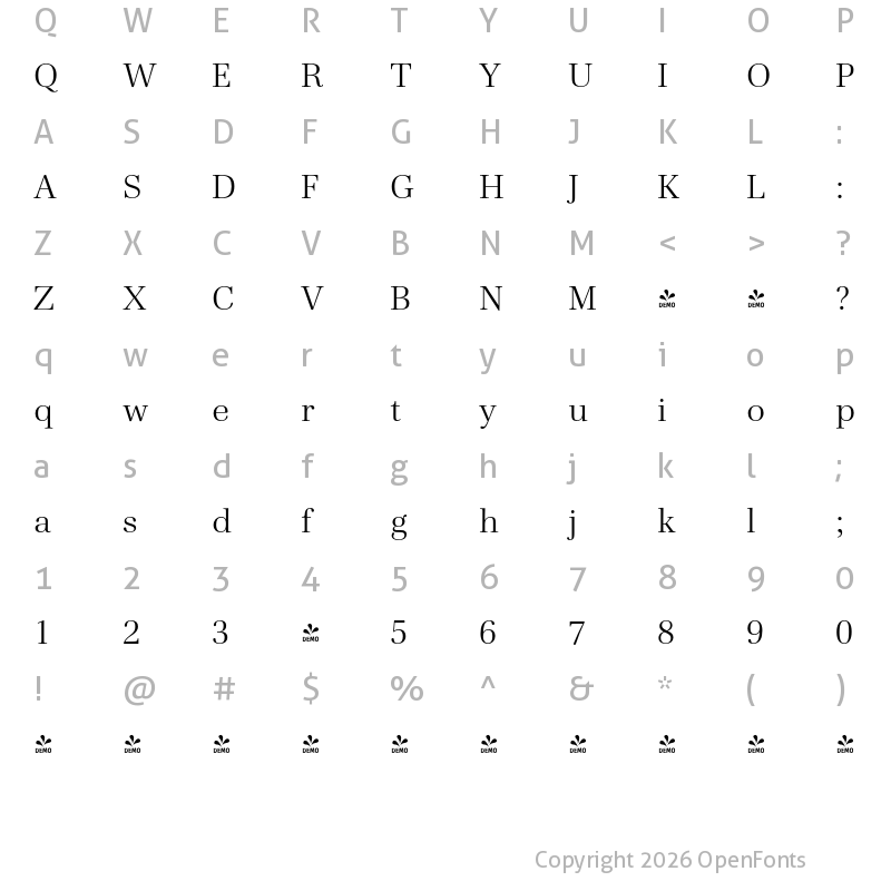 Character Map of FONTSPRING DEMO - Cardillac Text Light Regular
