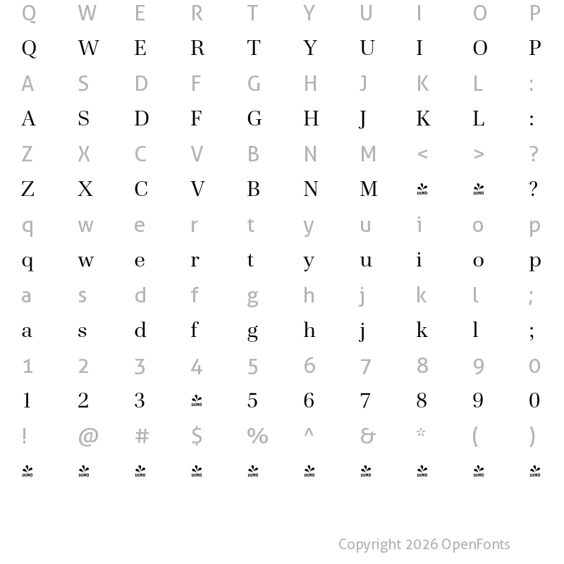 Character Map of FONTSPRING DEMO - Cardillac Text Regular