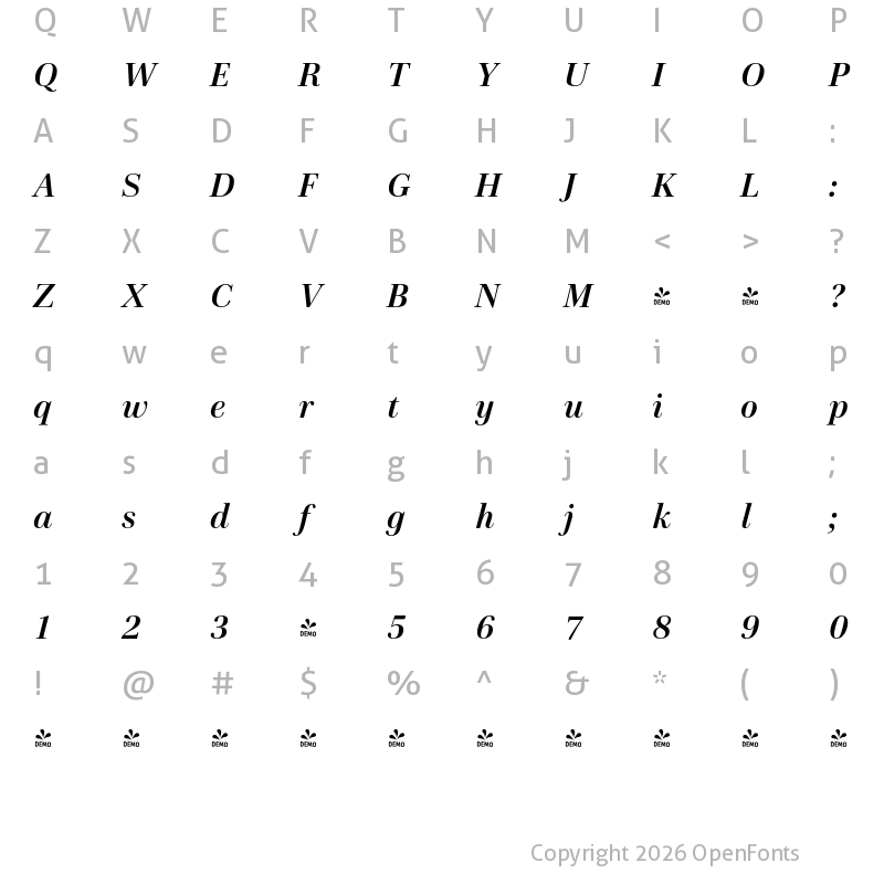 Character Map of FONTSPRING DEMO - Cardillac Text Semibold Italic