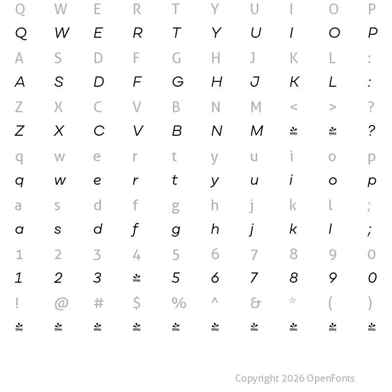 Character Map of FONTSPRING DEMO - Cardium A Italic