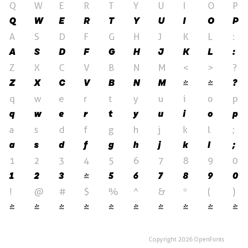 Character Map of FONTSPRING DEMO - Cardium C Black Italic