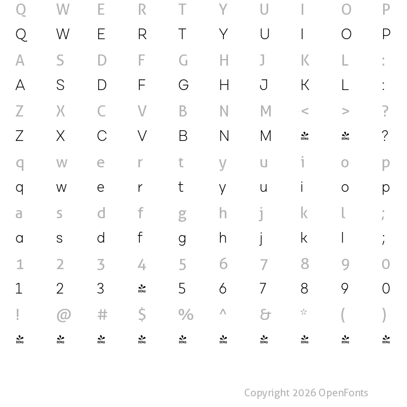 Character Map of FONTSPRING DEMO - Cardium C Light Regular