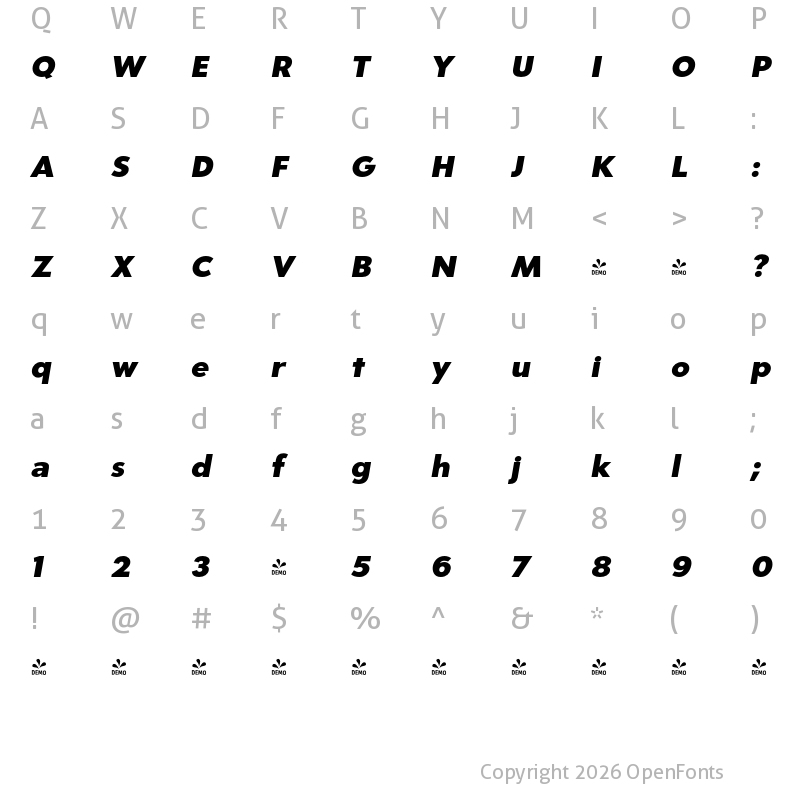 Character Map of FONTSPRING DEMO - Carisma Gothic 800 ExtraBold Oblique ExtraBold