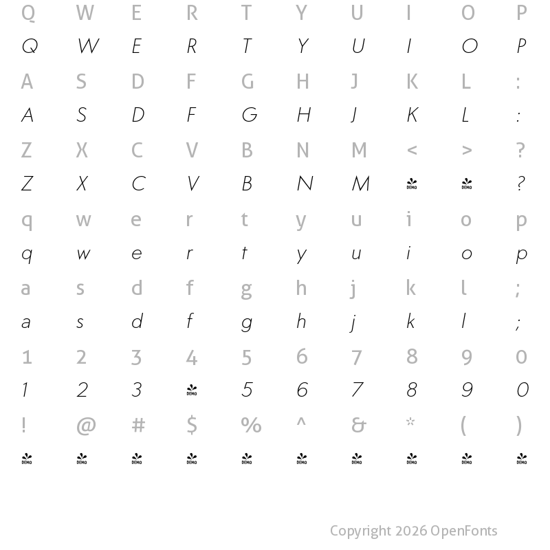Character Map of FONTSPRING DEMO - Carisma Gothic Light Oblique Regular