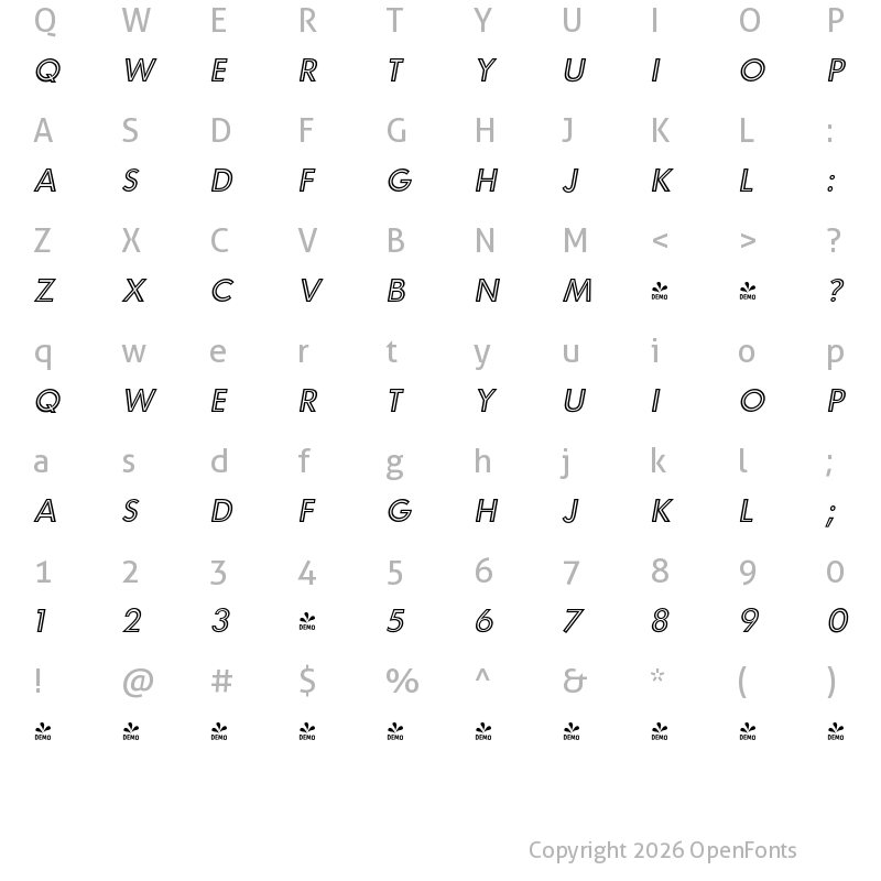 Character Map of FONTSPRING DEMO - Carisma Inline Oblique Regular