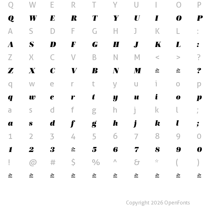 Character Map of FONTSPRING DEMO - Carmay Black Italic Regular