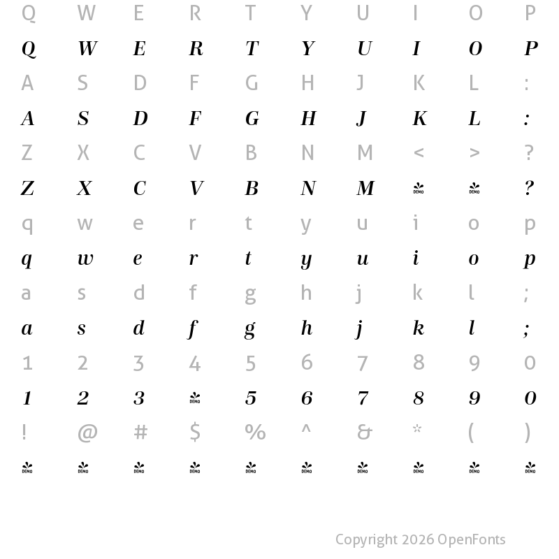 Character Map of FONTSPRING DEMO - Carmay Medium Italic Regular