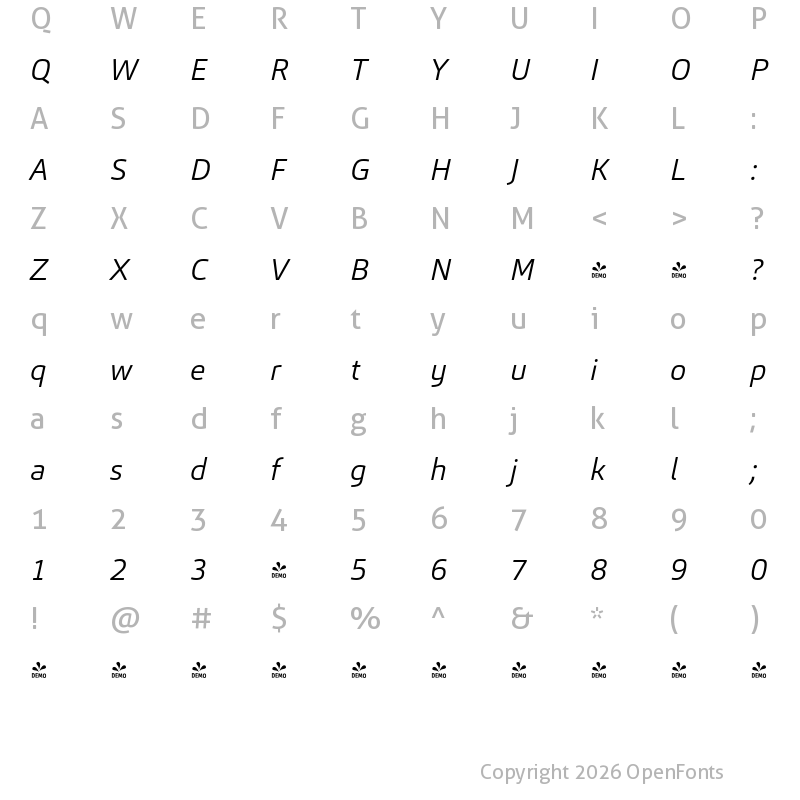 Character Map of FONTSPRING DEMO - Carnac Light Italic