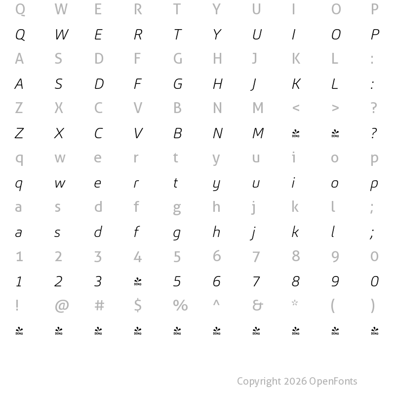 Character Map of FONTSPRING DEMO - Carnas ExtraLight Italic