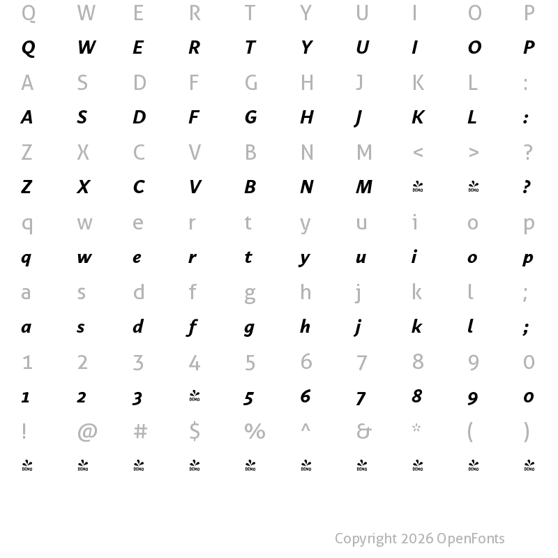 Character Map of FONTSPRING DEMO - Carole Sans Extrabold Italic