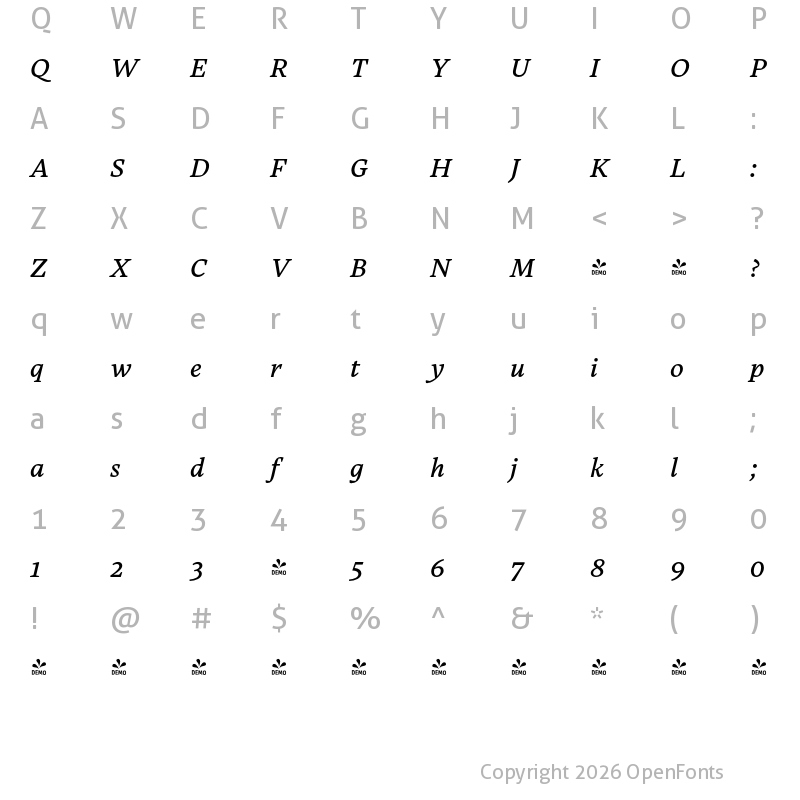 Character Map of FONTSPRING DEMO - Carole Serif Italic