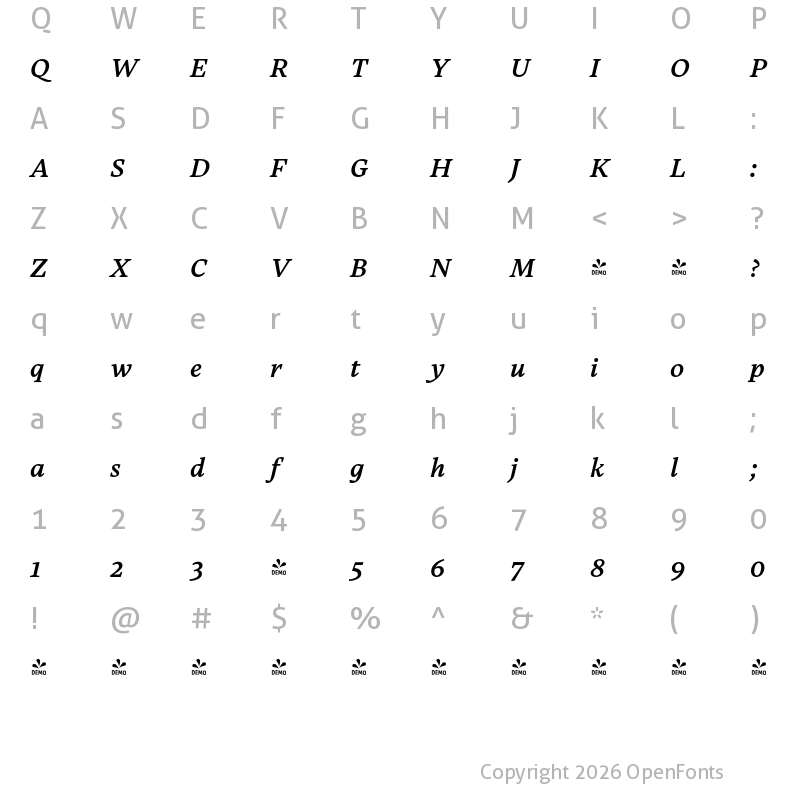 Character Map of FONTSPRING DEMO - Carole Serif Medium Italic