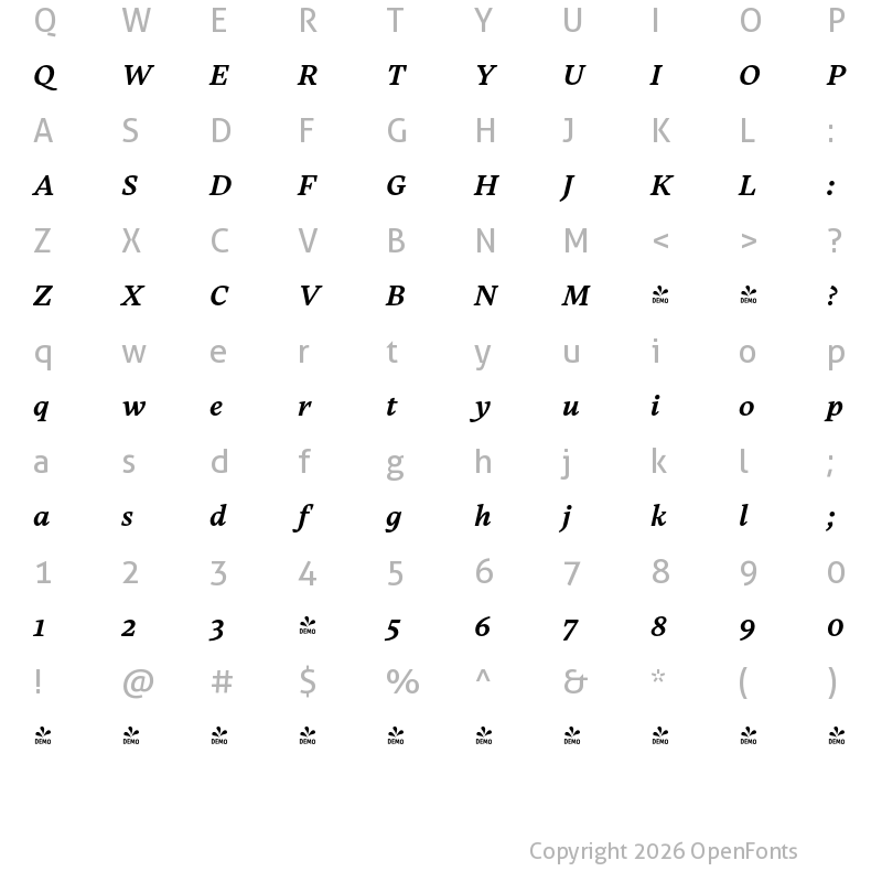 Character Map of FONTSPRING DEMO - Carole Serif Semibold Italic
