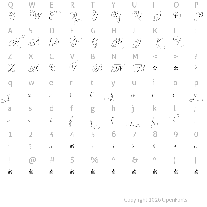 Character Map of FONTSPRING DEMO - Carolyna Curvy Regular