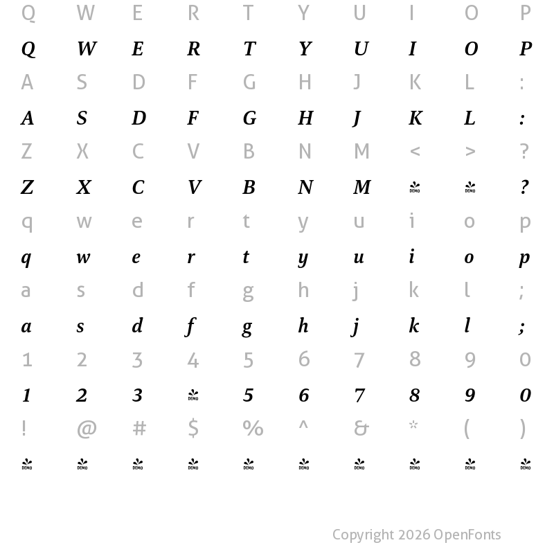 Character Map of FONTSPRING DEMO - Carrara Italic