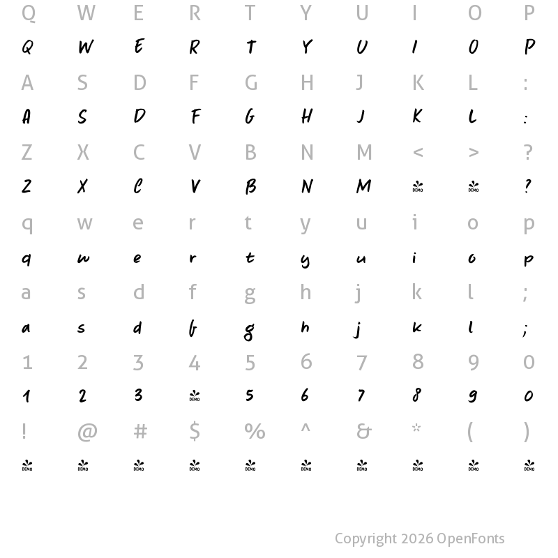 Character Map of FONTSPRING DEMO - Carrot Juice Italic