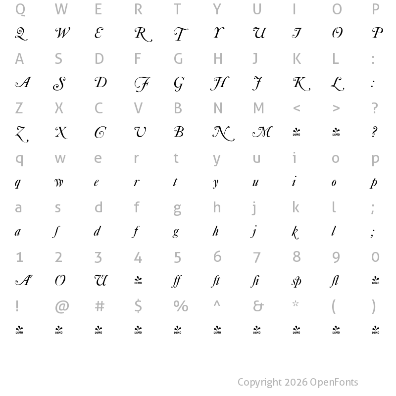 Character Map of FONTSPRING DEMO - Caslon Elegant Alt Italic
