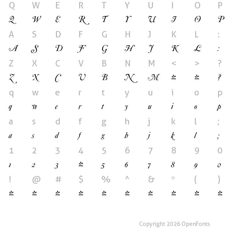 Character Map of FONTSPRING DEMO - Caslon Elegant Swash Italic