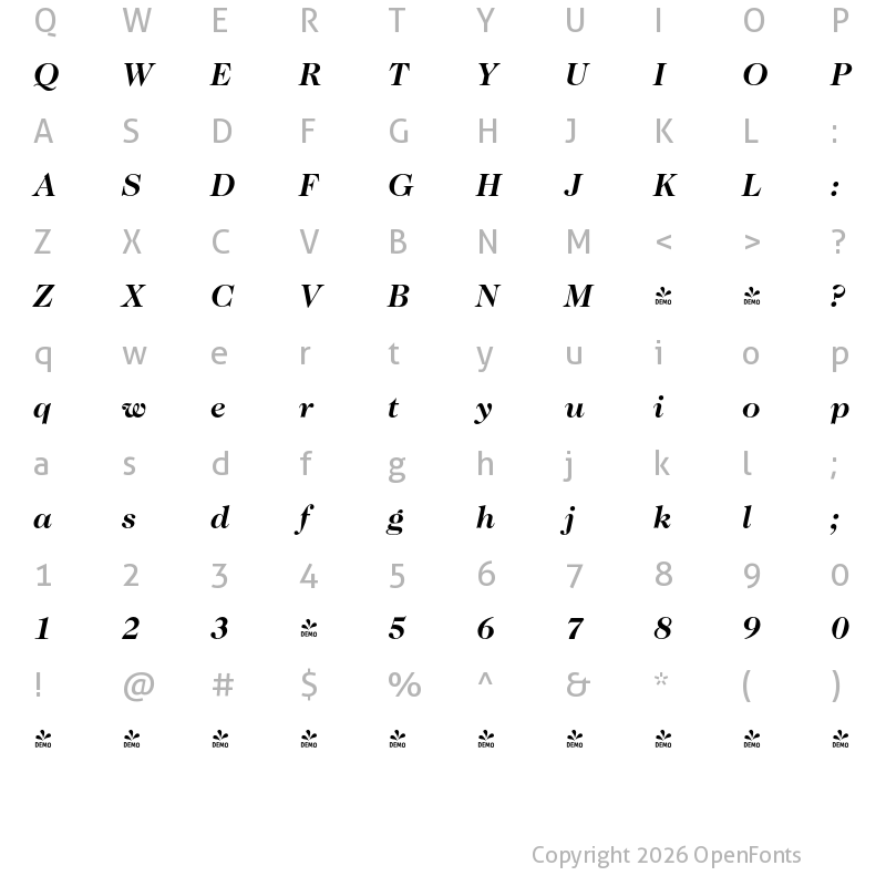 Character Map of FONTSPRING DEMO - Caslon Pro Bold Italic