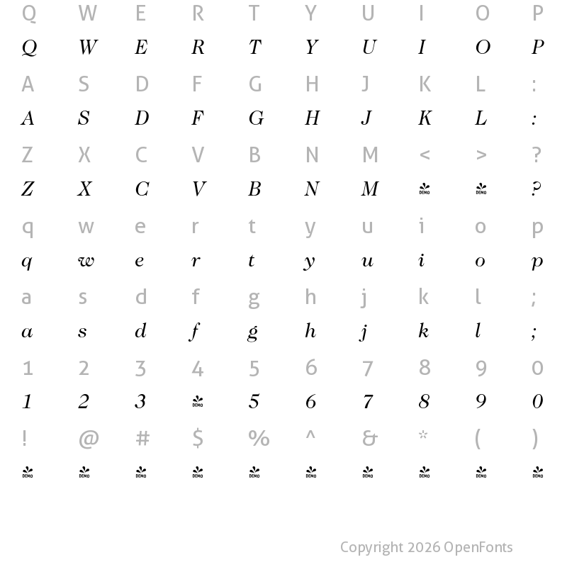 Character Map of FONTSPRING DEMO - Caslon Pro Italic