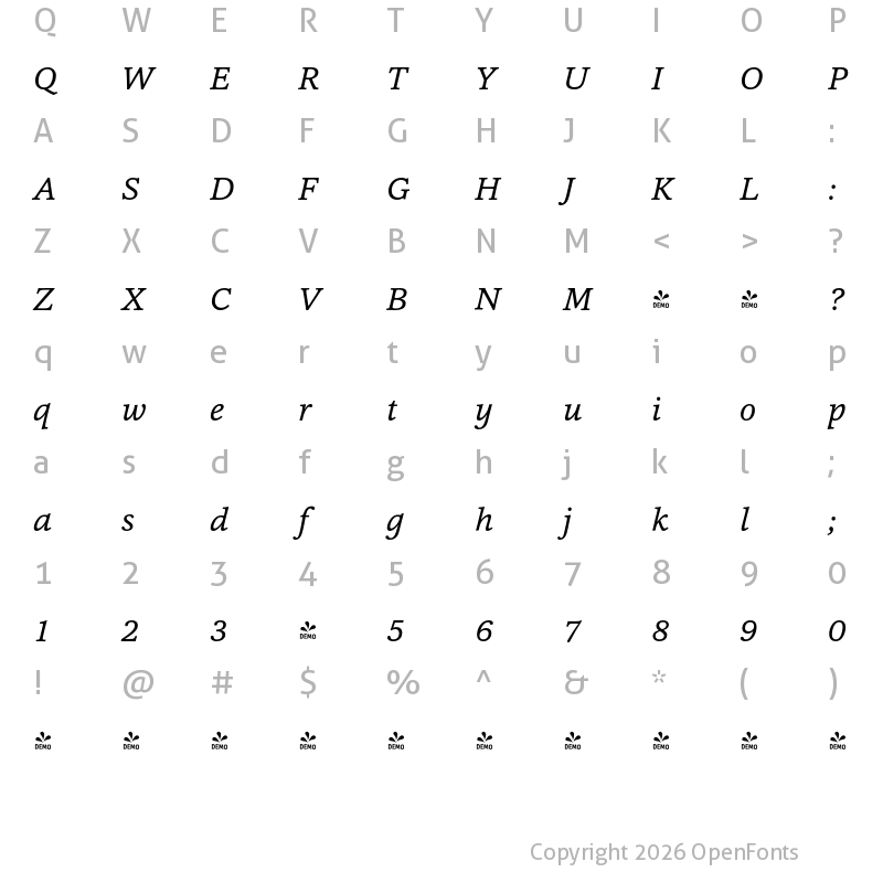 Character Map of FONTSPRING DEMO - Cassia-Italic Regular