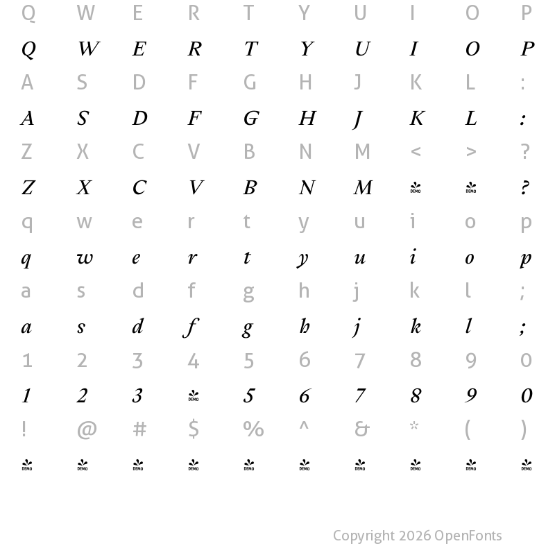 Character Map of FONTSPRING DEMO - Cassius Bold Italic Regular