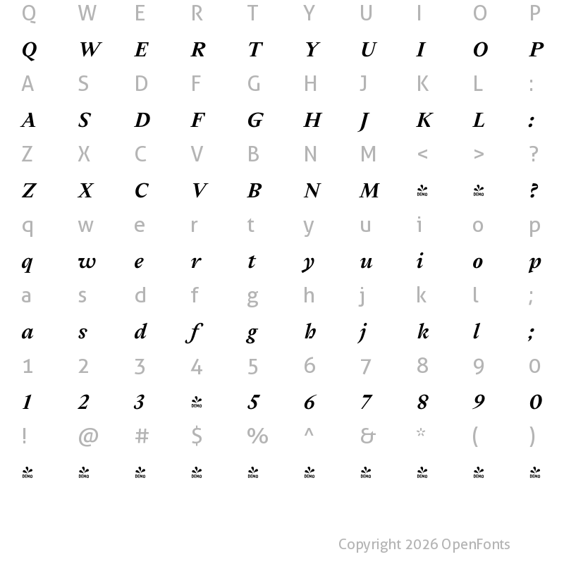 Character Map of FONTSPRING DEMO - Cassius Italic Bold