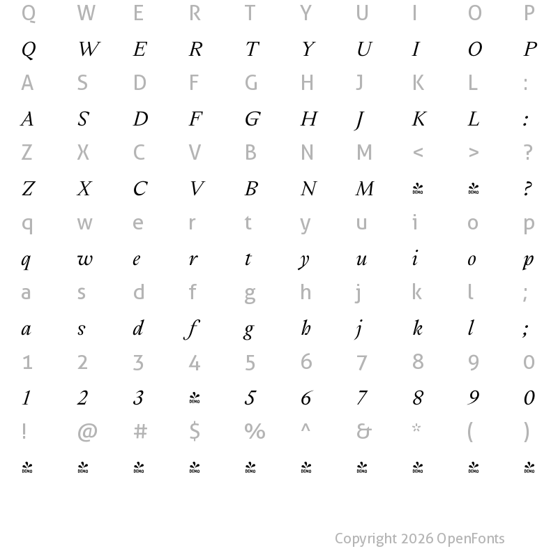 Character Map of FONTSPRING DEMO - Cassius Italic